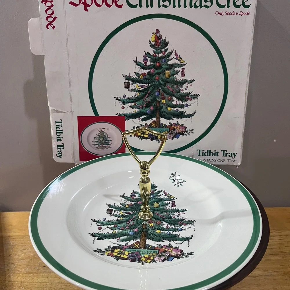 Vtg‎ Spode Christmas Tree Tidbit Tray S3324-L Serving Plate Gold Handle England